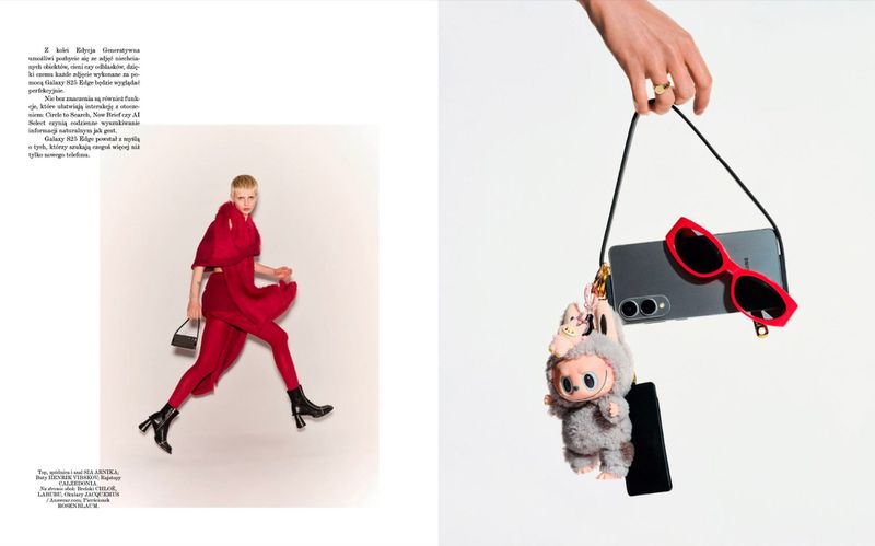 Fashion editorial featuring a model in red outfit mid-stride and a close-up of a hand holding a cell phone with accessories.