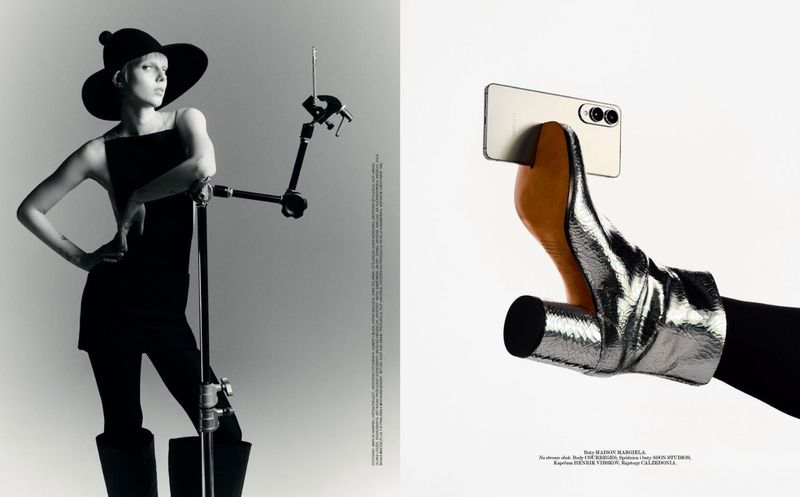 Black-and-white fashion shot featuring a woman in black dress and hat next to a studio boom arm, contrasted with a boot and phone.