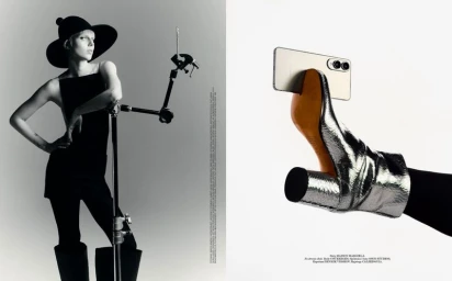 Model in a black outfit and wide-brimmed hat posing next to studio equipment alongside a close-up of a silver boot holding a smartphone