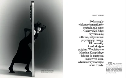 Model stepping through a massive smartphone profile in black and white editorial fashion campaign for Vogue Polska