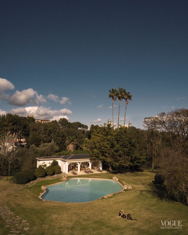 Aerial view of a swimming pool in a grassy yard, with palm trees, a white pavilion, and two people lying on the grass under a blue sky.