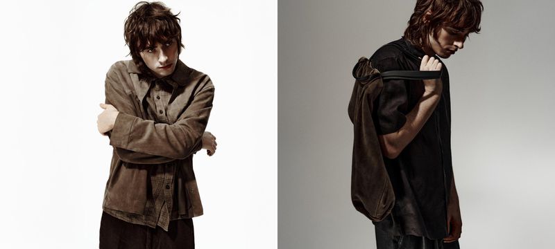 Split fashion shot of a young adult male wearing a brown button-up shirt and holding a brown jacket in a photo studio.