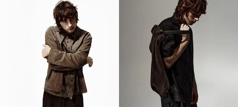 Split fashion shot of a young adult male wearing a brown button-up shirt and holding a brown jacket in a photo studio.