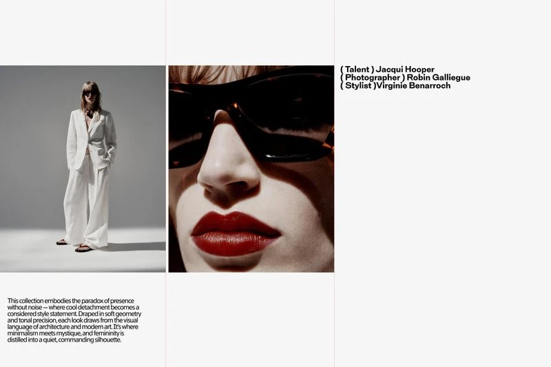 Fashion editorial featuring a woman in a white pantsuit and close-up of a model's face with dark sunglasses and red lipstick.