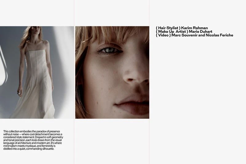 Fashion editorial shot: A model in a cream dress stands beside a close-up of a woman's face, set against a clean white background. Minimalist style.