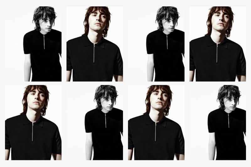 Collage of a brunette adult male in a black polo shirt with silver zipper, in a photo studio with white background, portrait orientation.
