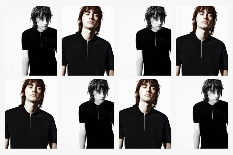 Collage of a brunette adult male in a black polo shirt with silver zipper, in a photo studio with white background, portrait orientation.