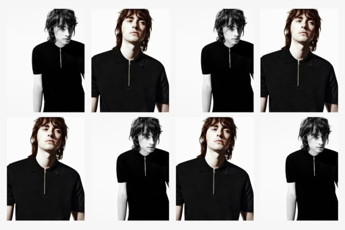 Collage of a brunette adult male in a black polo shirt with silver zipper, in a photo studio with white background, portrait orientation.