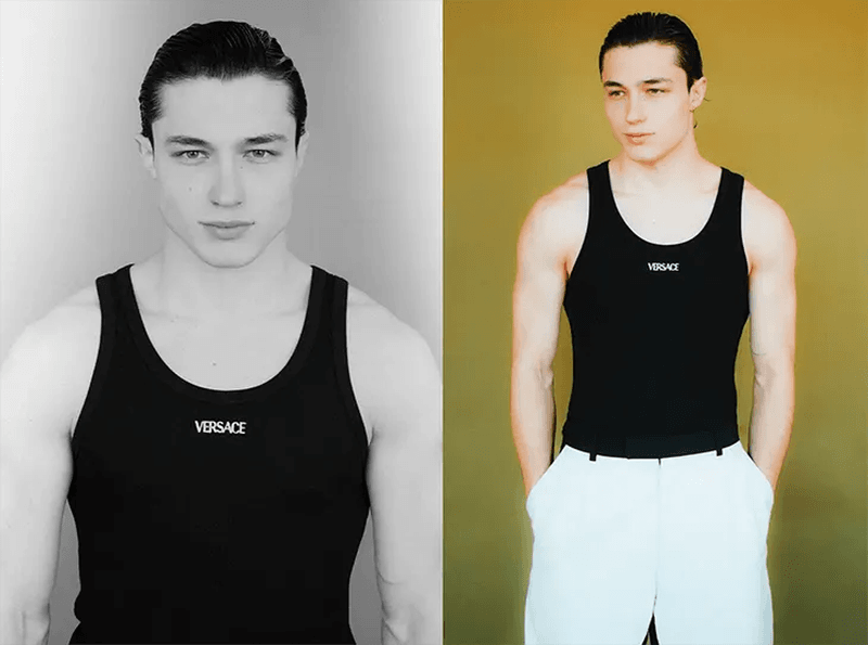 A young adult male poses in a split black-and-white and colour composition wearing a black tank top and white trousers.