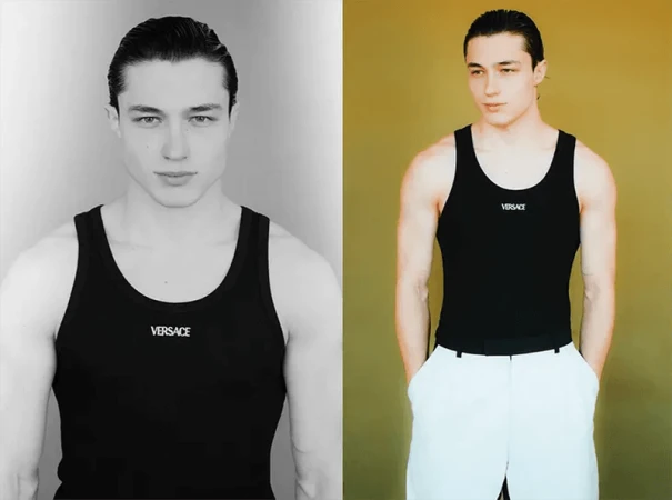 A young adult male poses in a split black-and-white and colour composition wearing a black tank top and white trousers.