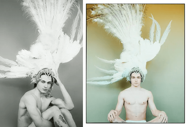 Striking image of a topless adult male with a feathered headpiece, presented in both monochrome and color against plain backdrops.