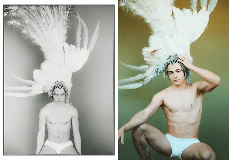 Young man poses shirtless wearing an elaborate feathered headdress. The image is split into a black and white and color image.