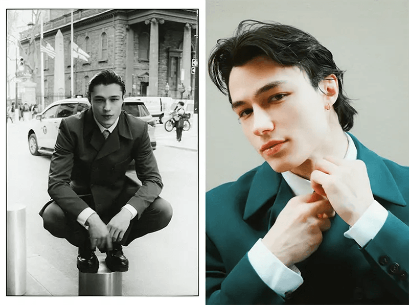 Two portraits of a dark-haired man with fair skin wearing a dark jacket, on a city street and in a studio with soft lighting.