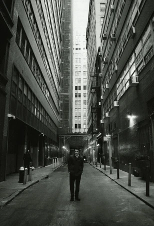 Monochrome portrait of a man in a dark coat standing in an urban alleyway lined with tall buildings and architectural details.
