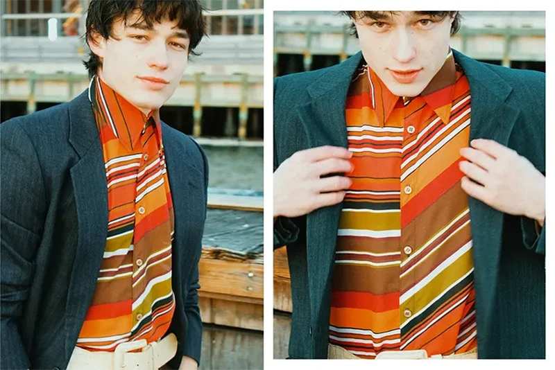 Close-up diptych portrait of a young man wearing an orange striped shirt and dark blazer outdoors near a wooden structure.