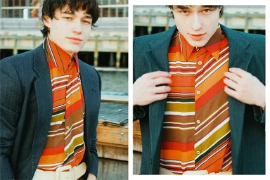 Close-up diptych portrait of a young man wearing an orange striped shirt and dark blazer outdoors near a wooden structure.