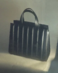 A black structured handbag with vertical quilted panels set against a neutral studio backdrop.