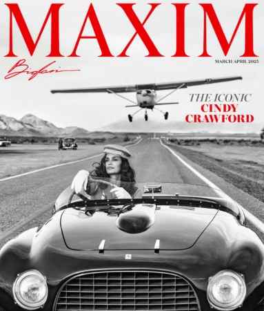Maxim magazine cover with Cindy Crawford in a black convertible car on a desert road, airplane overhead, black and white tones.