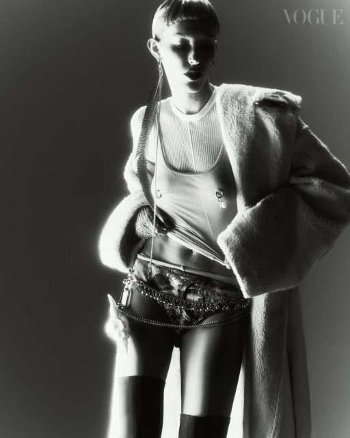 Black and white fashion shot of a slim adult female wearing a coat, top, underwear, and boots, posing in a photo studio with a solid backdrop.