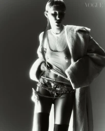 Model with short fringe wearing a textured coat over a ribbed top and dark patterned briefs against a plain light background