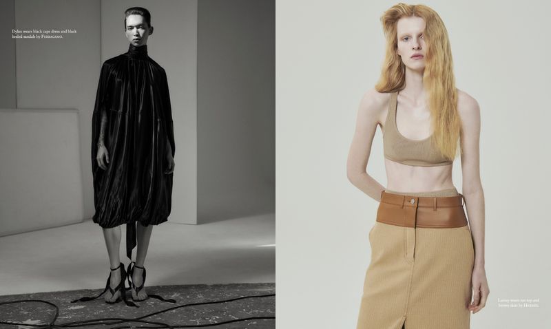 Two models pose in a split-screen fashion editorial. One model wears a black cape dress, while the other wears a bra top and skirt.
