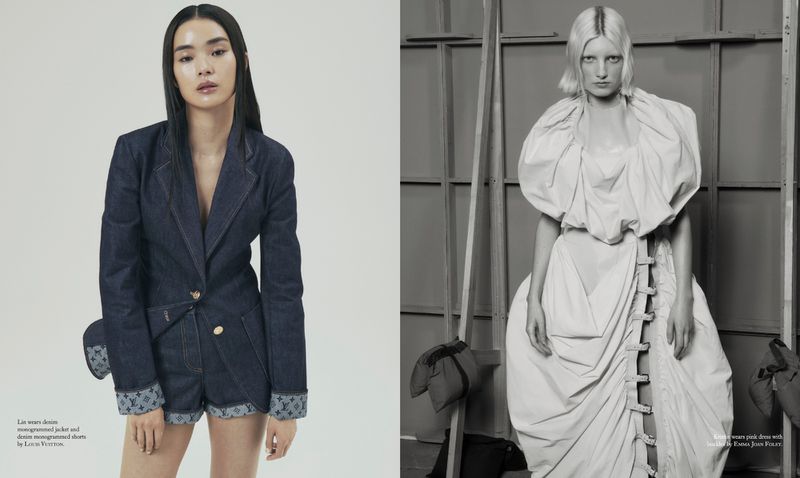 Two women model unique fashion designs; one in denim jacket and shorts, the other in an avant-garde dress, studio setting.
