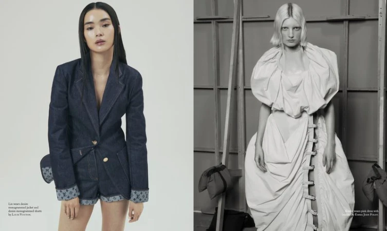 Two women model unique fashion designs; one in denim jacket and shorts, the other in an avant-garde dress, studio setting.