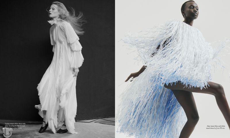 Editorial fashion shot with two women modeling couture. A woman poses in a white, tiered dress against a dark backdrop; another in blue dress.