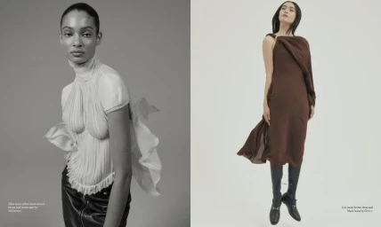 Diptypt fashion photograph featuring two models wearing contemporary designer garments against a neutral studio background.