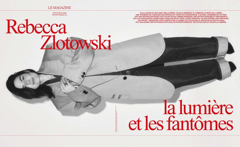 Magazine cover featuring Rebecca Zlotowski in a blazer and black pants, lying on a white background, with red title text.