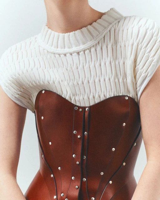 A woman's torso is shown wearing a white textured top and a brown studded leather corset against a clean white backdrop.