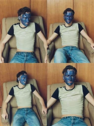 Four-panel editorial portrait of a man with blue painted face seated in an armchair wearing a graphic t-shirt and jeans.