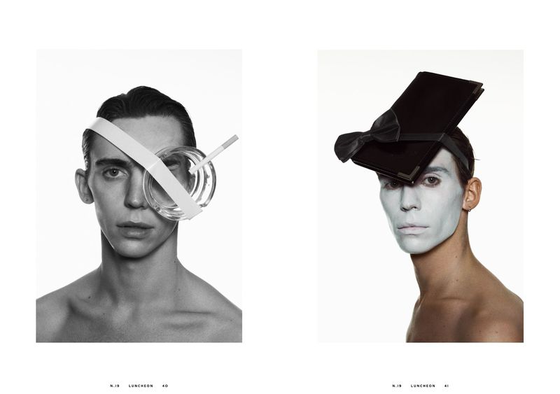 Editorial diptych shows two men with makeup and avant-garde face accessories against a white backdrop in a high-key, studio lighting.