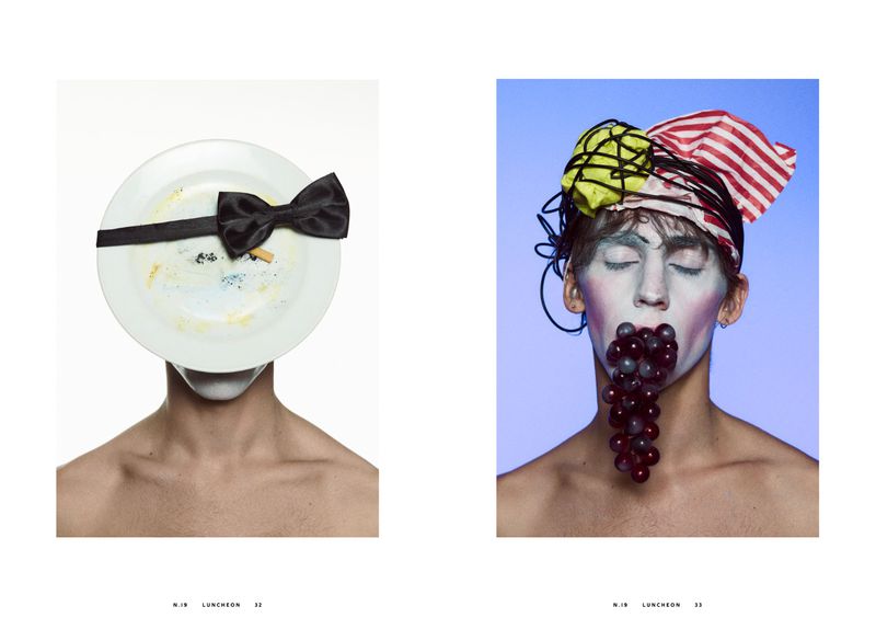 Conceptual portrait split scene: person with a plate over the face and black bow tie versus person with painted face eating grapes.
