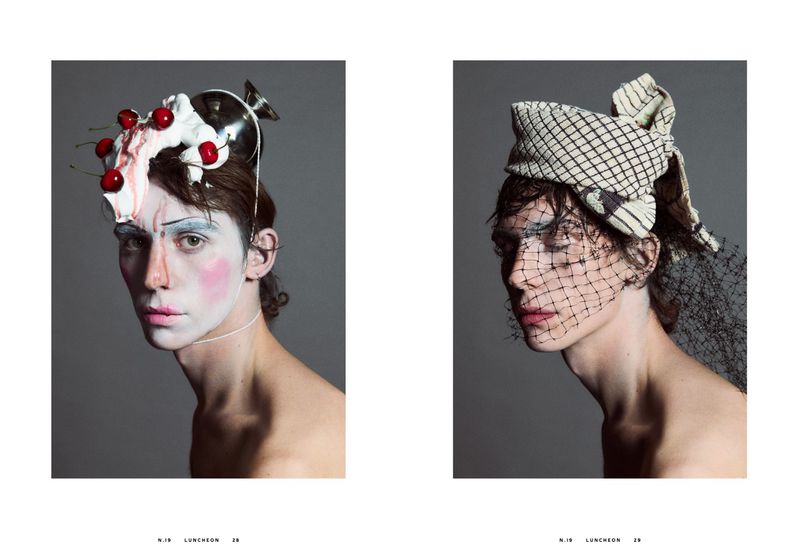 Two portraits of a young adult man in theatrical makeup wearing unconventional headwear, captured in a studio setting with neutral background.