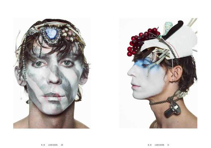 Two portraits with makeup and headdresses. One is in the style of an ancient priest, the other is in the style of a chef.