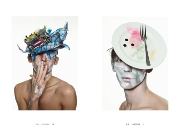 Two portraits featuring models wearing avant-garde headpieces made of circuit boards and plates for Luncheon Magazine.