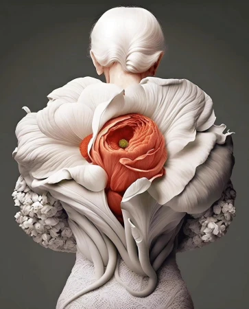 Conceptual image of a woman's back adorned with a sculptural floral arrangement featuring white and coral-colored flower petals.