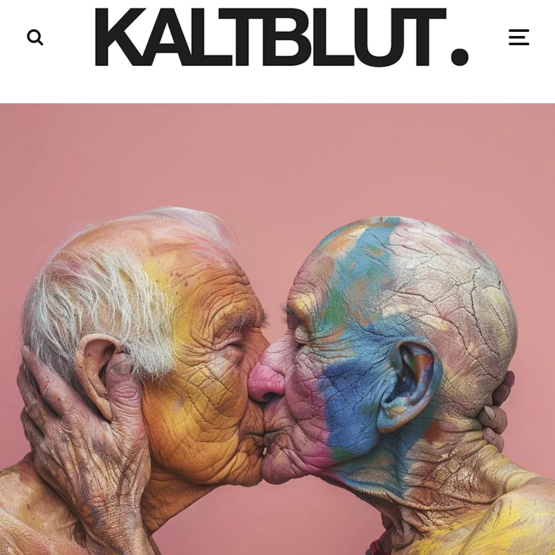 Two elderly people with painted faces are kissing against a pink background in this close-up beauty and fashion style portrait.