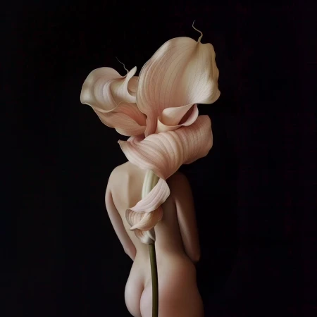 Nude female figure merges seamlessly with a large peach-colored calla lily in a close-up shot against a dark backdrop, artfully composed.