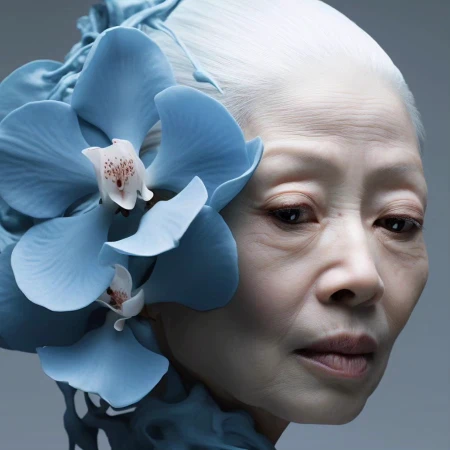 Artistic portrait of an older Asian woman with white hair, adorned with large blue orchid flowers against a neutral gray backdrop.