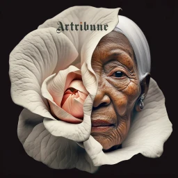Surreal portrait of an elderly woman's face seamlessly merging with large white rose petals against a dark background.