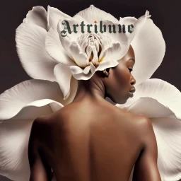 Black woman with bare shoulders framed by large white flower petals and text overlay