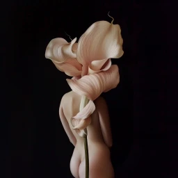 Rear view of a figure with elaborate, blooming pink calla lily petals forming a headdress against a black background.