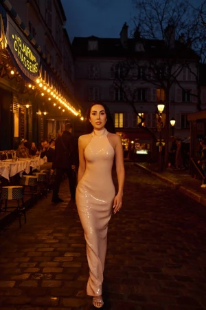 A brunette woman in a sequined gown walks a cobblestone street in front of a restaurant with warm lighting in an urban setting at dusk.
