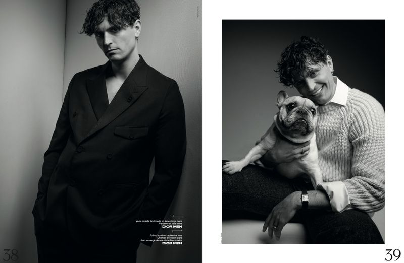 Black and white studio portraits feature a male model in a dark blazer and a smiling man holding a French bulldog.
