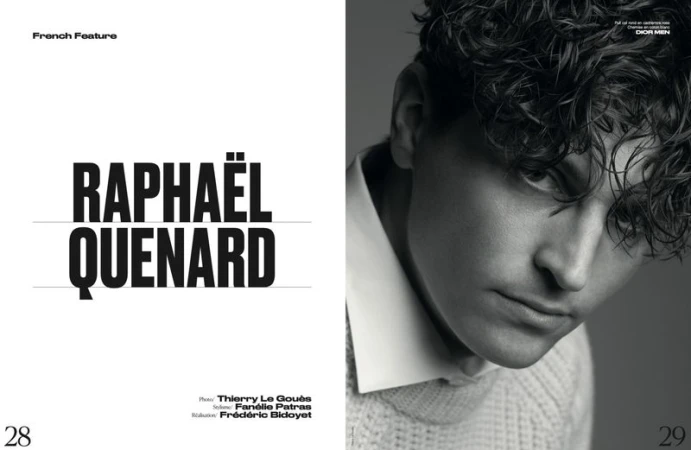 Black and white headshot of a man with wavy hair and a light sweater in a magazine spread with bold typography and page numbers.