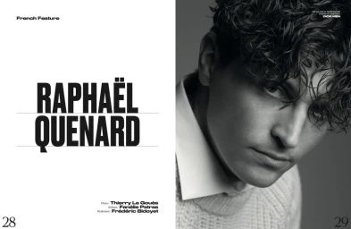 Portrait of actor Raphaël Quenard wearing a textured white knit sweater and white collared shirt for French Magazine, photographed by Thierry Le Gouès.