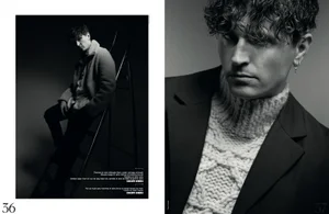 Black and white editorial double-page spread featuring Raphael Quenard posing on a ladder and in a close-up portrait wearing a chunky turtleneck sweater.