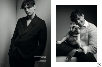 Black and white editorial portraits of Raphael Quenard for French Magazine, featuring a suited man and a knitted sweater portrait with a dog